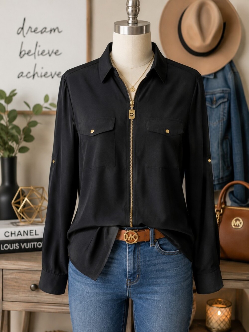 Michael Kors Black Button-Front Zip Utility Shirt